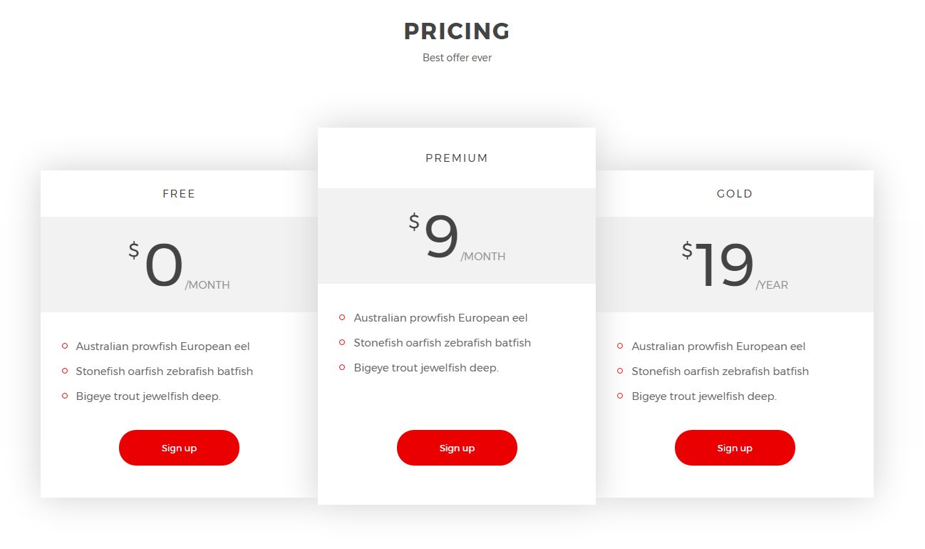 pricing tables