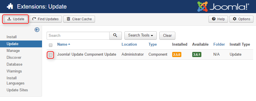 update Joomla! Update Component in Extension Manager