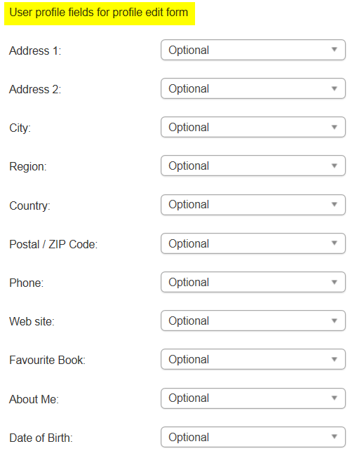 User profile fields for profile edit form